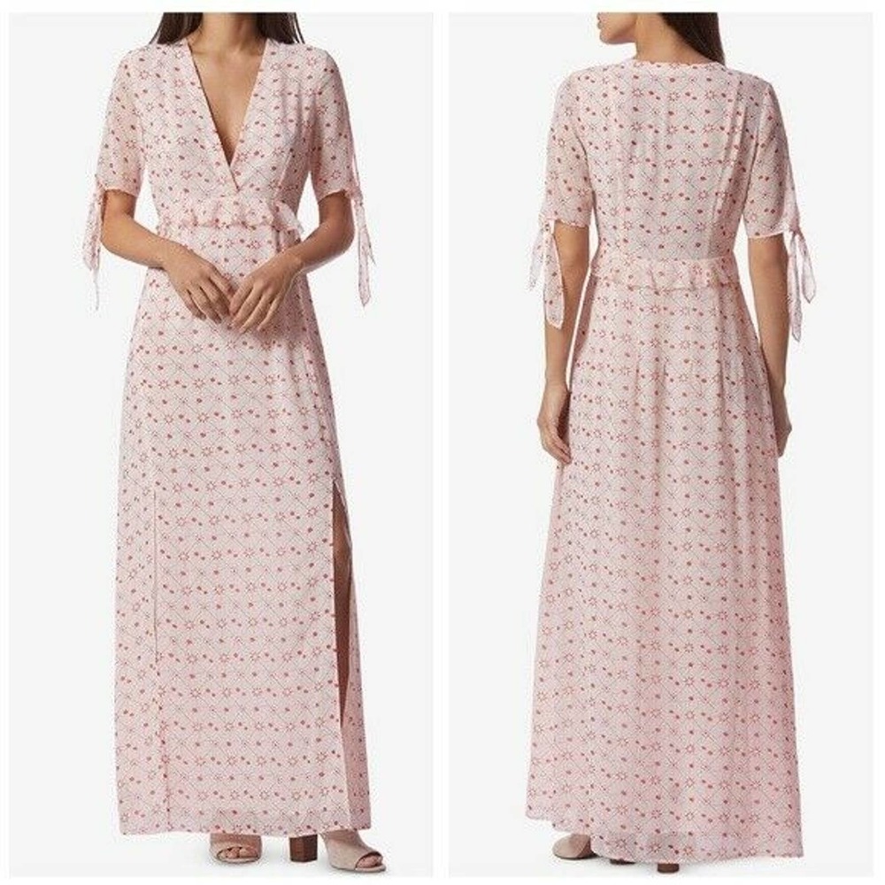 Avec Les Filles Constellation Print Wrap Maxi Dress Sz L Pink V-Neck Front Slits